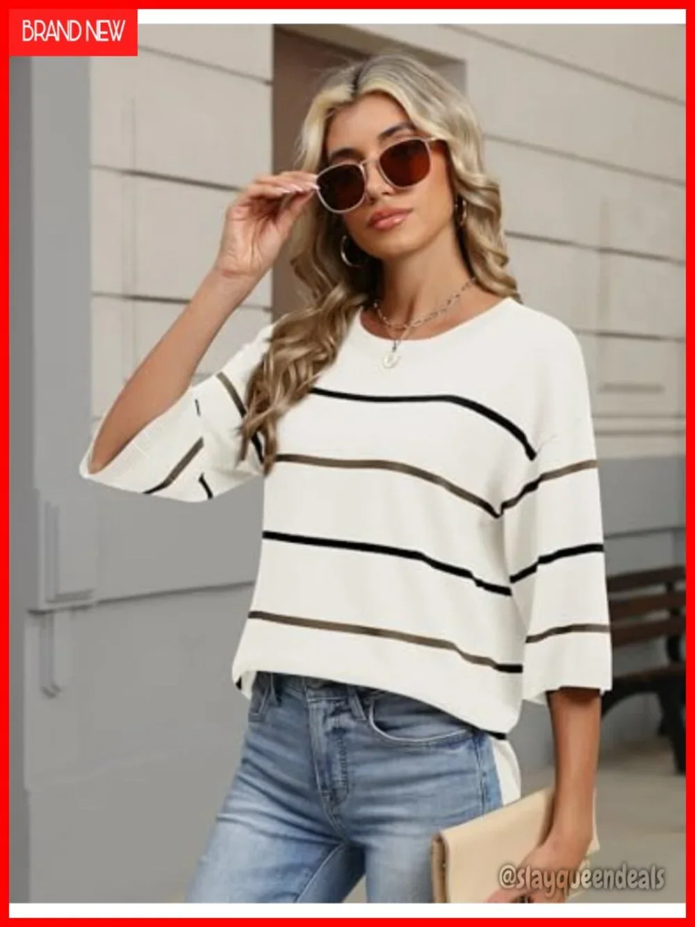 Women's Oversized 3/4 Sleeve Sweater Crewneck Knit Pullover Loose Fit
